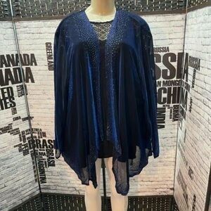 Plus 24 BlueBlack Mesh Metallic Sequin Open Front Topper